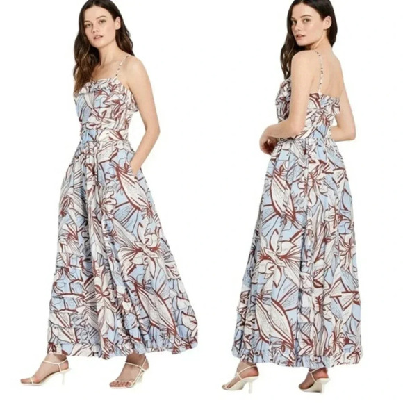 NICHOLAS Julie Cotton Floral Midi Dress Ruffle Detail and Pockets Blue Size 2 - Picture 1 of 14